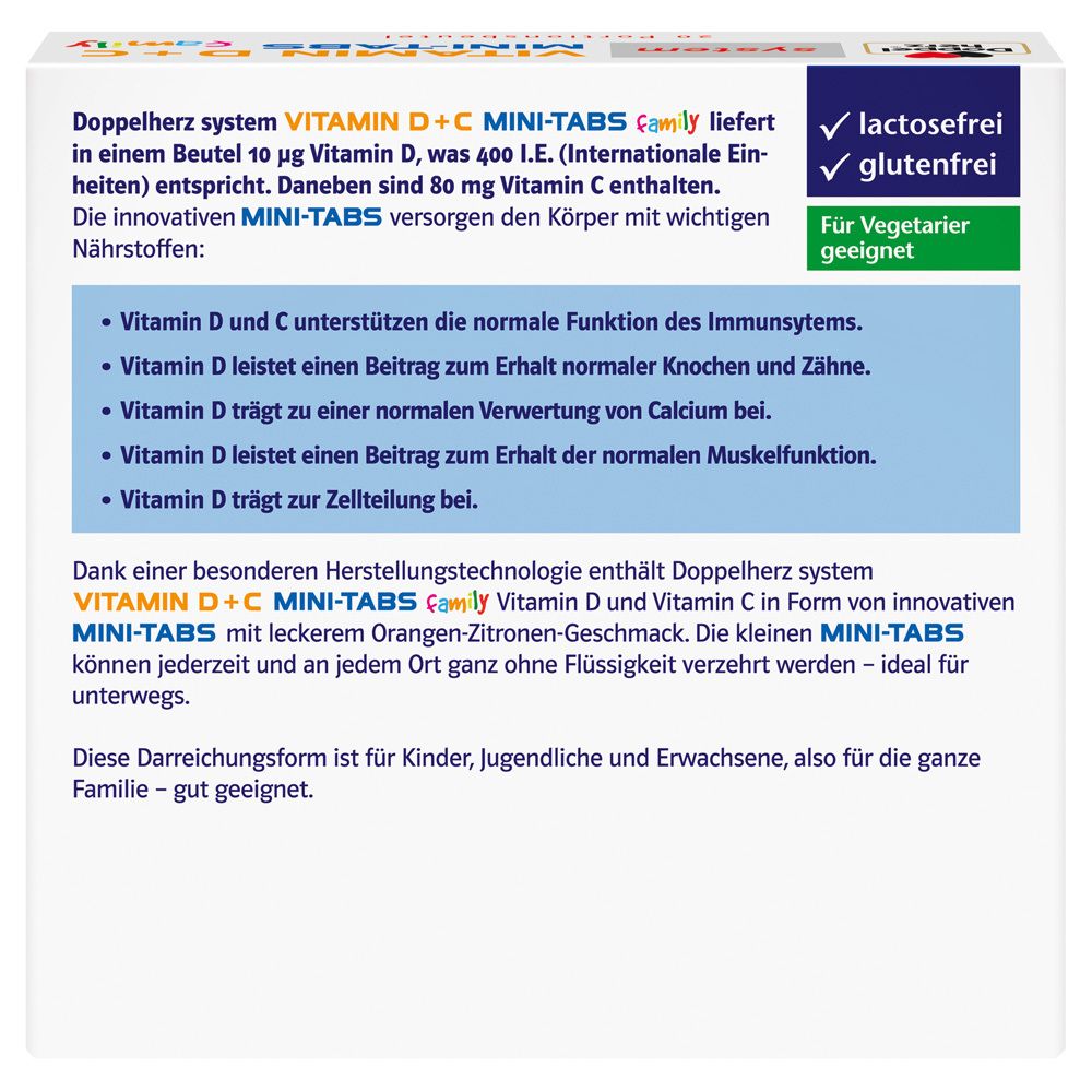 Rückseite der Verpackung von Doppelherz system VITAMIN D + C MINI-TABS family. Informationen zu Inhaltsstoffen und Nährwerten.