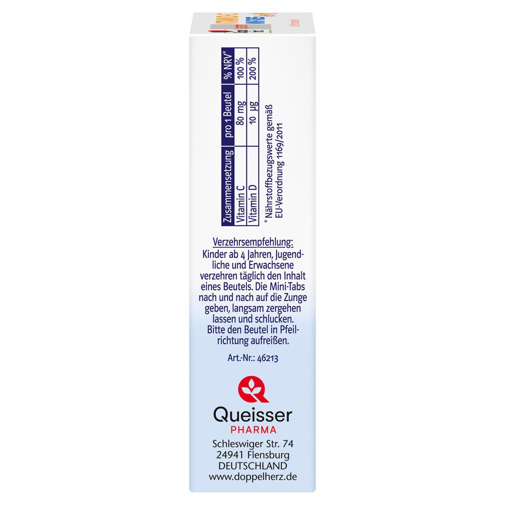 Seite der Verpackung von Doppelherz system VITAMIN D+C MINI-TABS family. Enthält Nährwertangaben und Herstellerinformationen.