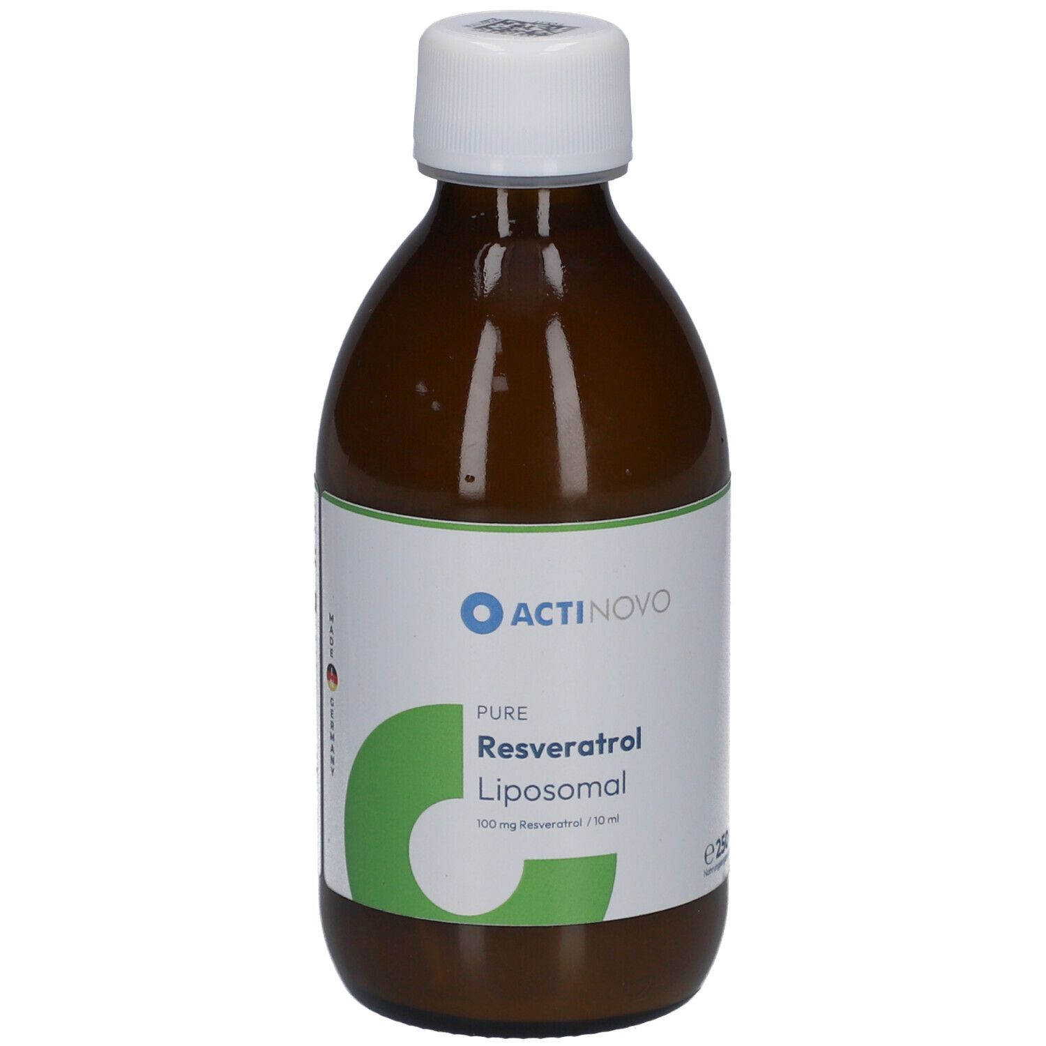 Braune Flasche mit weißem Deckel. Etikett mit ACTINOVO-Logo und Produktbezeichnung: Resveratrol Liposomal.