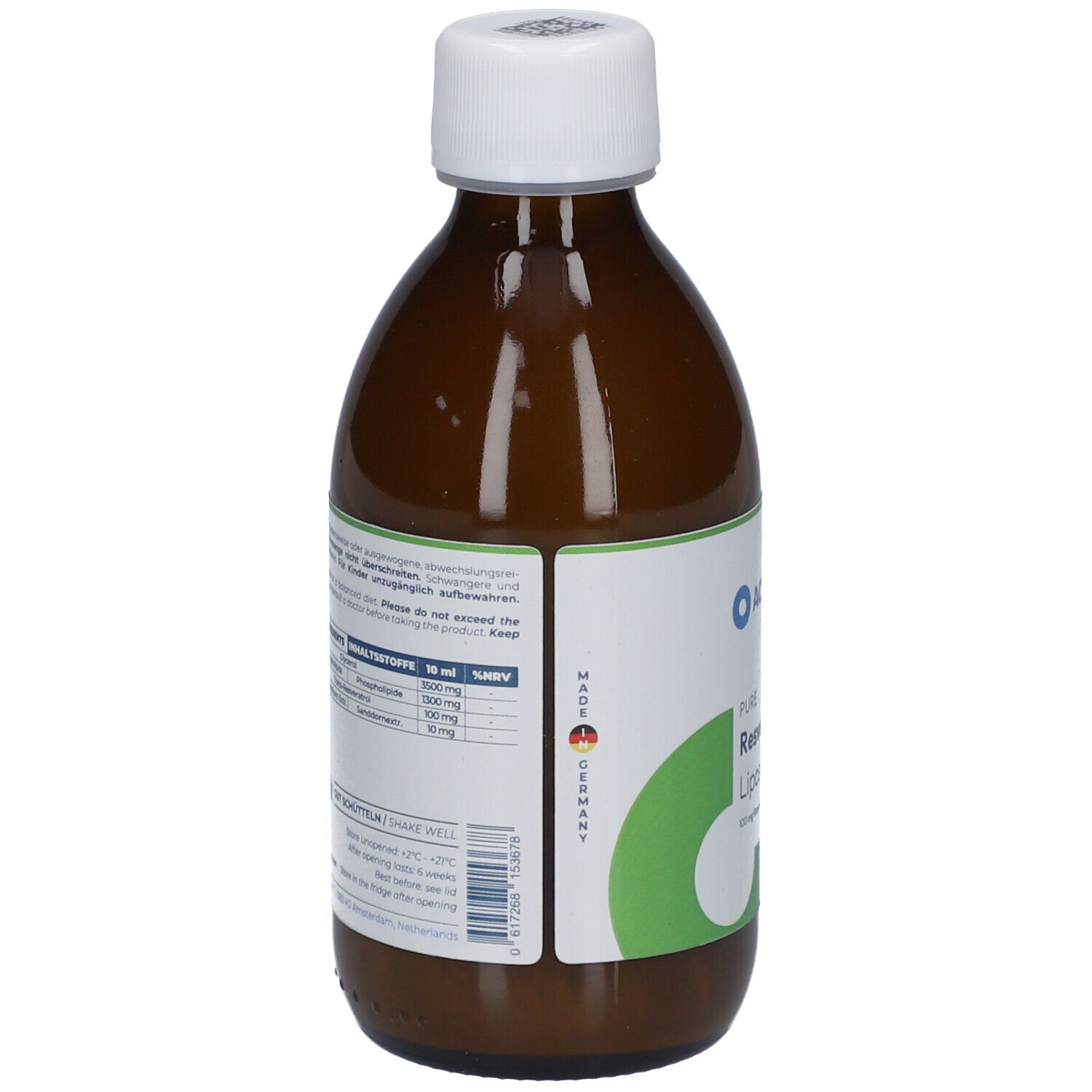 Rückansicht der braunen Flasche. Etikett mit Produktinformationen und Inhaltsstoffen. Deutscher Text.