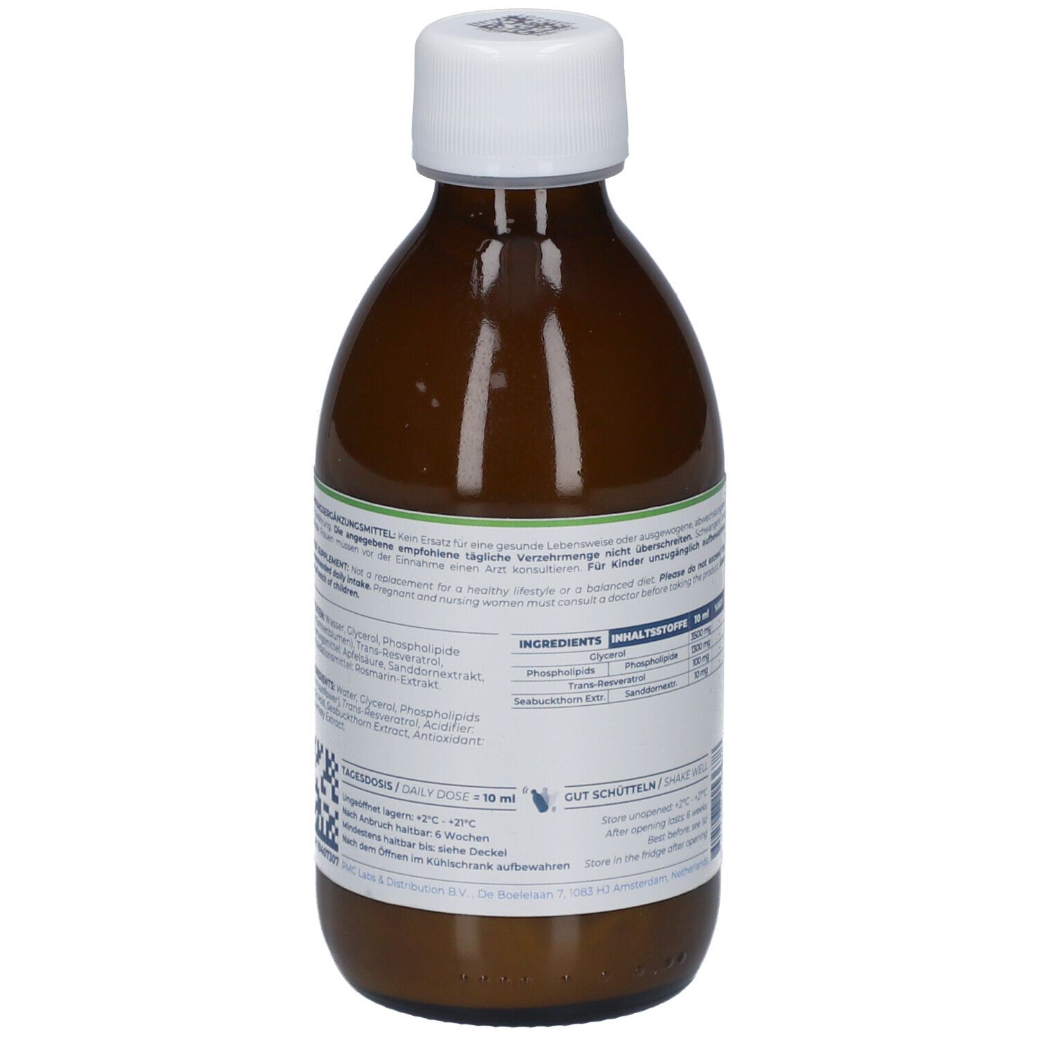 Rückansicht der braunen Flasche. Etikett mit Produktinformationen und Inhaltsstoffen. Deutscher Text.