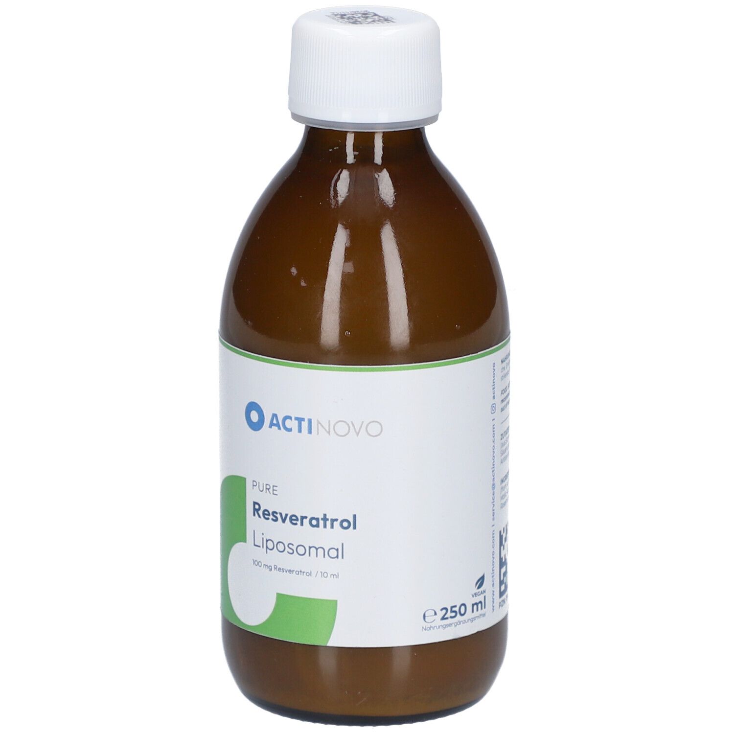 Braune Flasche mit weißem Deckel. Etikett mit ACTINOVO-Logo und Produktbezeichnung: Resveratrol Liposomal.