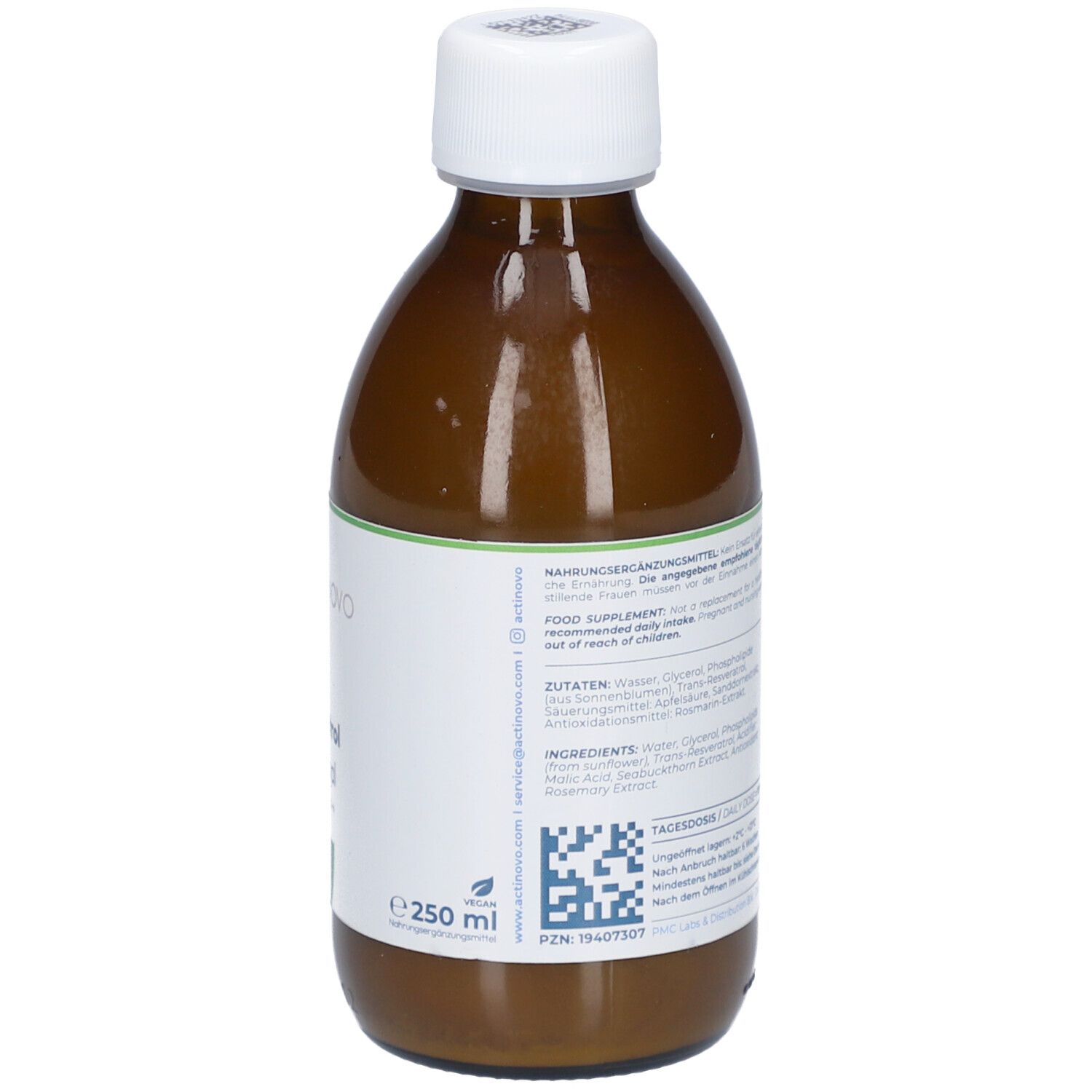 Rückansicht der braunen Flasche. Etikett mit Produktinformationen und Inhaltsstoffen. Deutscher Text.