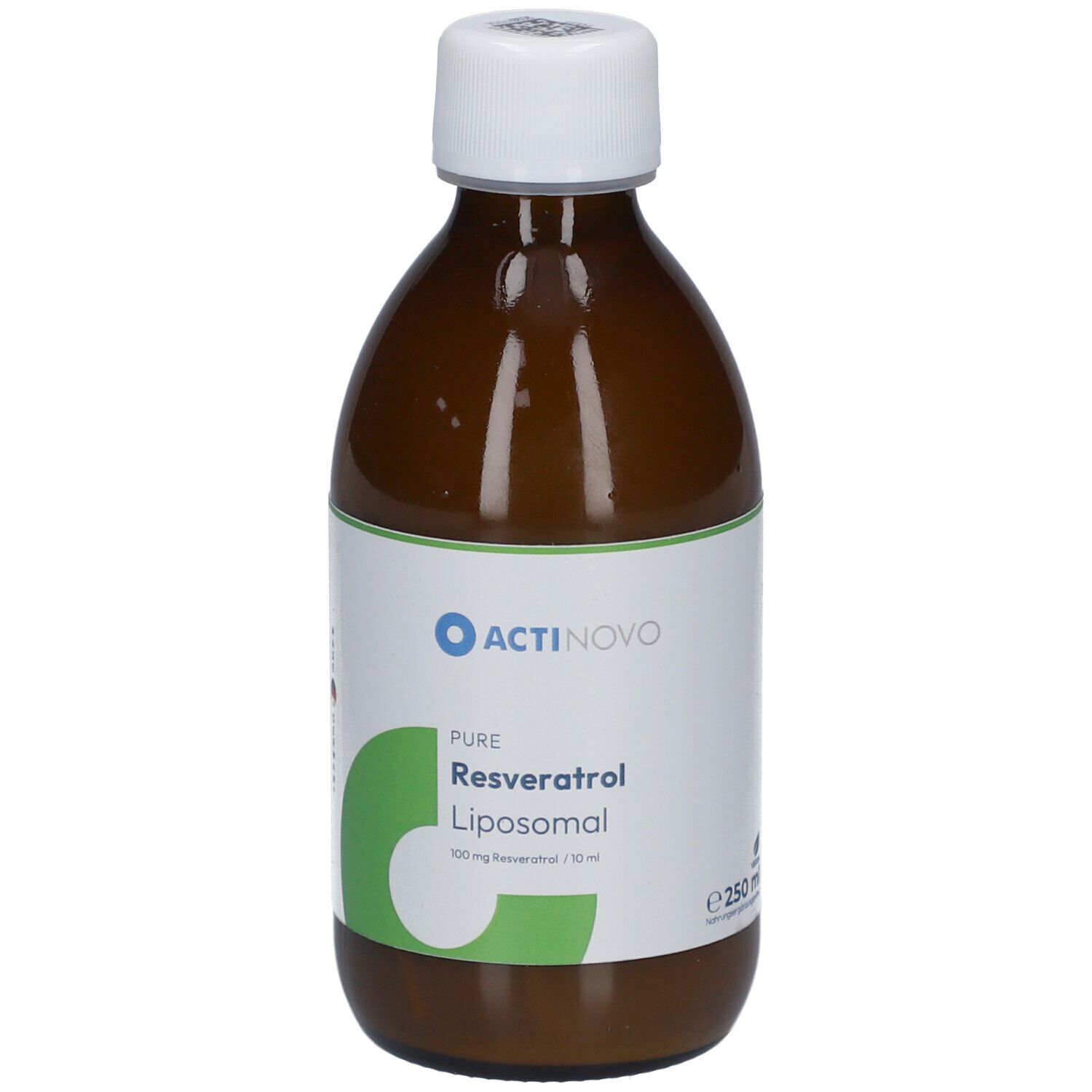 Braune Flasche mit weißem Deckel. Etikett mit ACTINOVO-Logo und Produktbezeichnung: Resveratrol Liposomal.