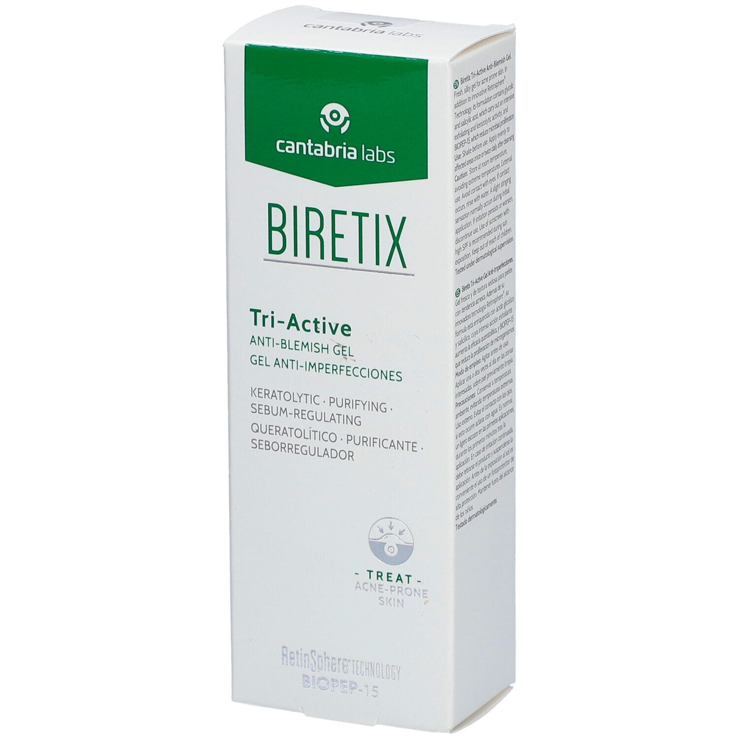 Karton mit Biretix Tri-Active Anti-Blemish Gel. Grün-weiße Verpackung mit Produktnamen und Logo. Text: Anti-Imperfektionen.