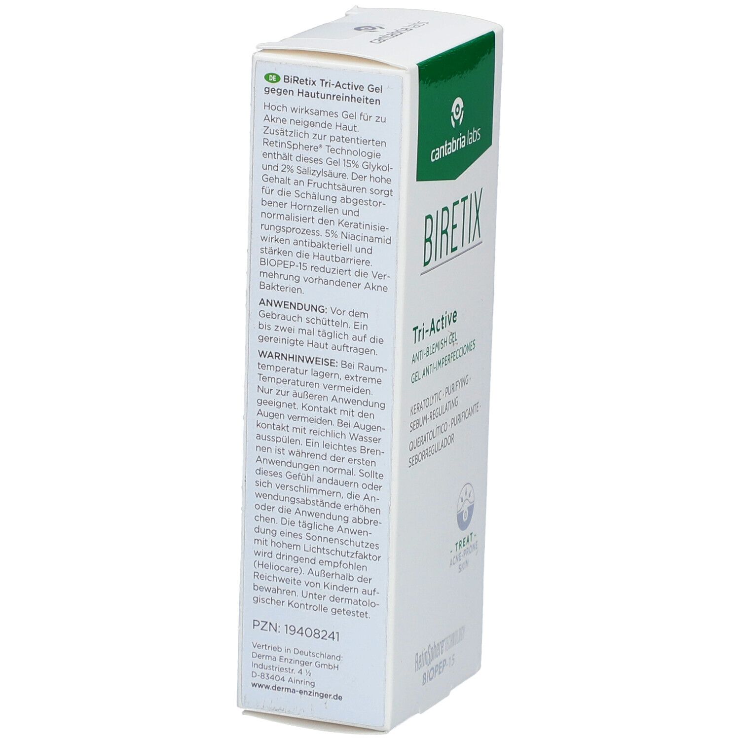 Rückseite der Biretix Tri-Active Gel-Verpackung. Text in Deutsch. Logo und Produktname. Informationen zur Anwendung und Inhaltsstoffen.