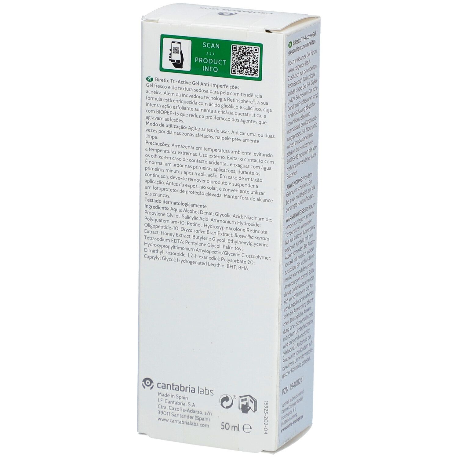 Seite der Biretix Tri-Active Gel-Verpackung. Text in Deutsch. QR-Code und Produktinformationen. Inhaltsstoffe und Herstellerangaben.