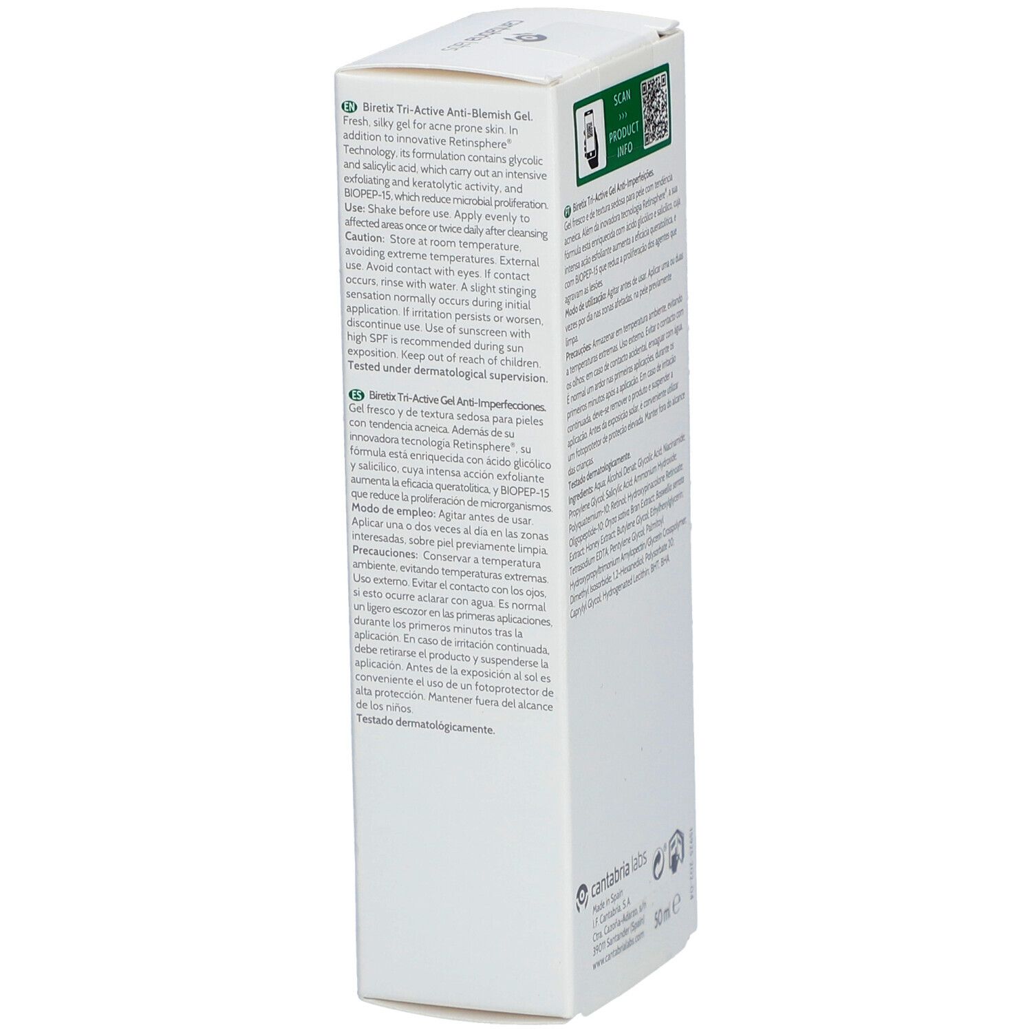 Seite der Biretix Tri-Active Gel-Verpackung. Text in Englisch und Spanisch. Informationen zur Anwendung und Inhaltsstoffen. 50 ml.