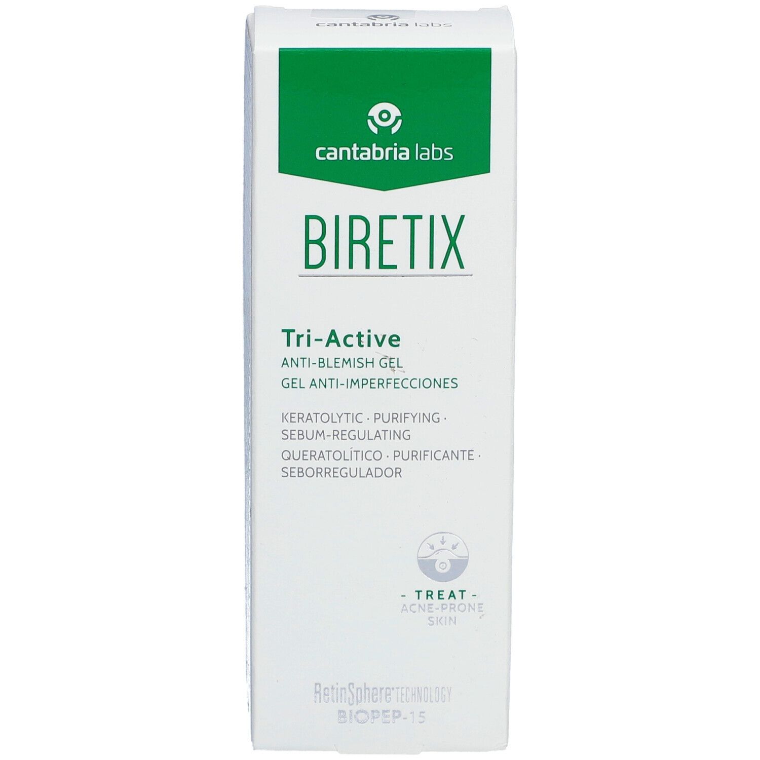 Vorderseite der Biretix Tri-Active Gel-Verpackung. Grün-weiße Verpackung mit Produktnamen und Logo. Text: Anti-Imperfektionen.
