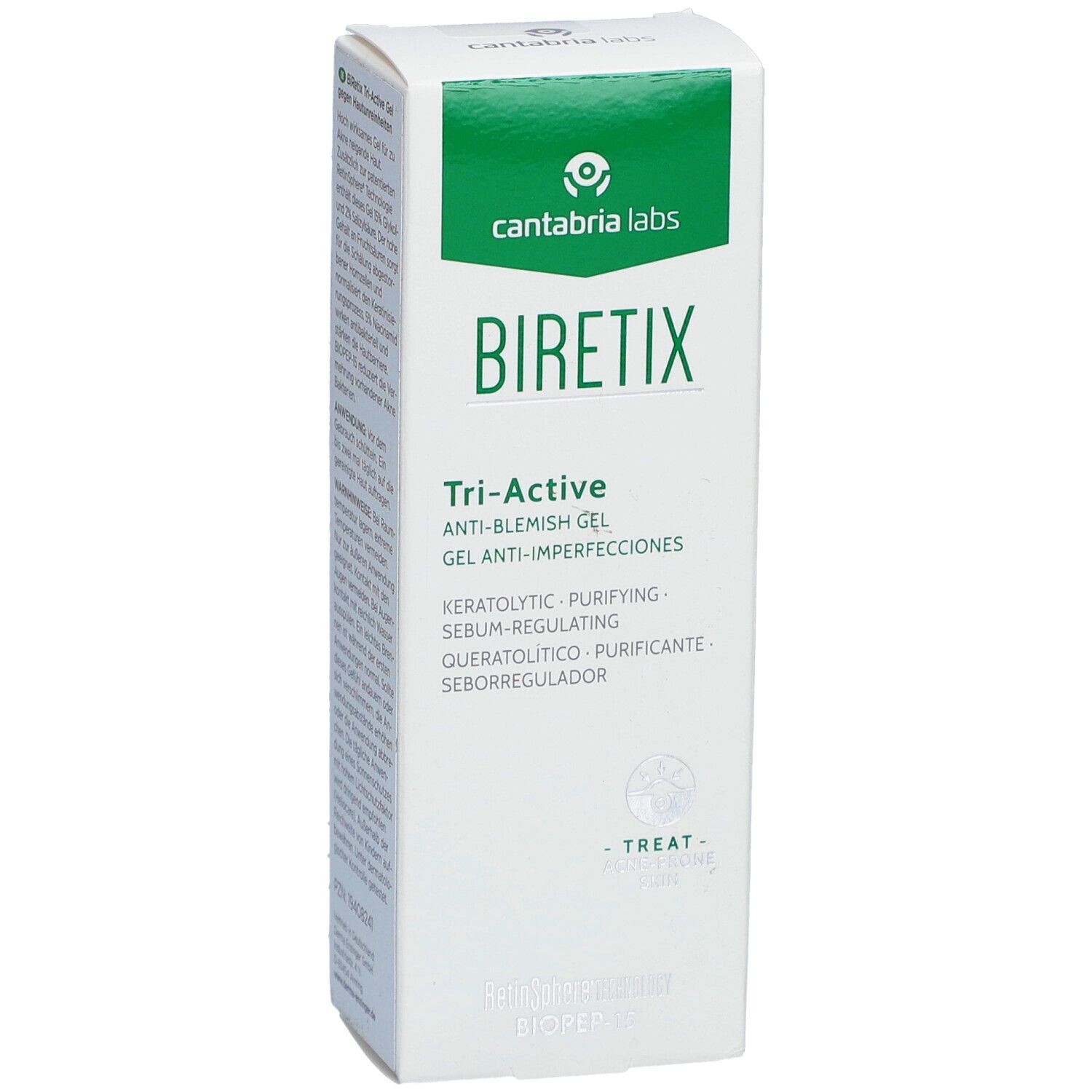 Vorderseite der Biretix Tri-Active Gel-Verpackung. Grün-weiße Verpackung mit Produktnamen und Logo. Text: Anti-Imperfektionen.
