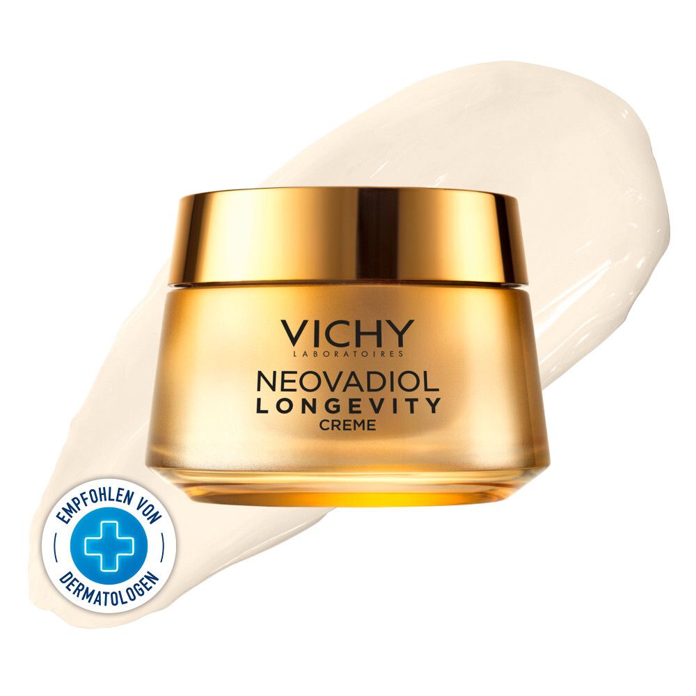 Goldfarbener Tiegel mit Vichy Neovadiol Longevity Creme. Empfohlen von Dermatologen.