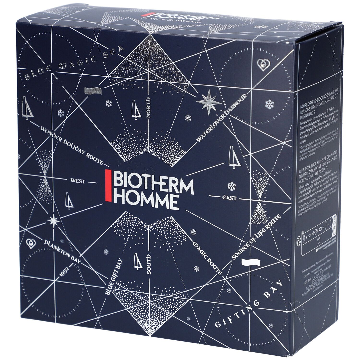 Dunkelblaue Geschenkbox mit weißem geometrischen Muster und dem Logo Biotherm Homme. Text: Blue Magic Sea, Wonder Holiday Route.