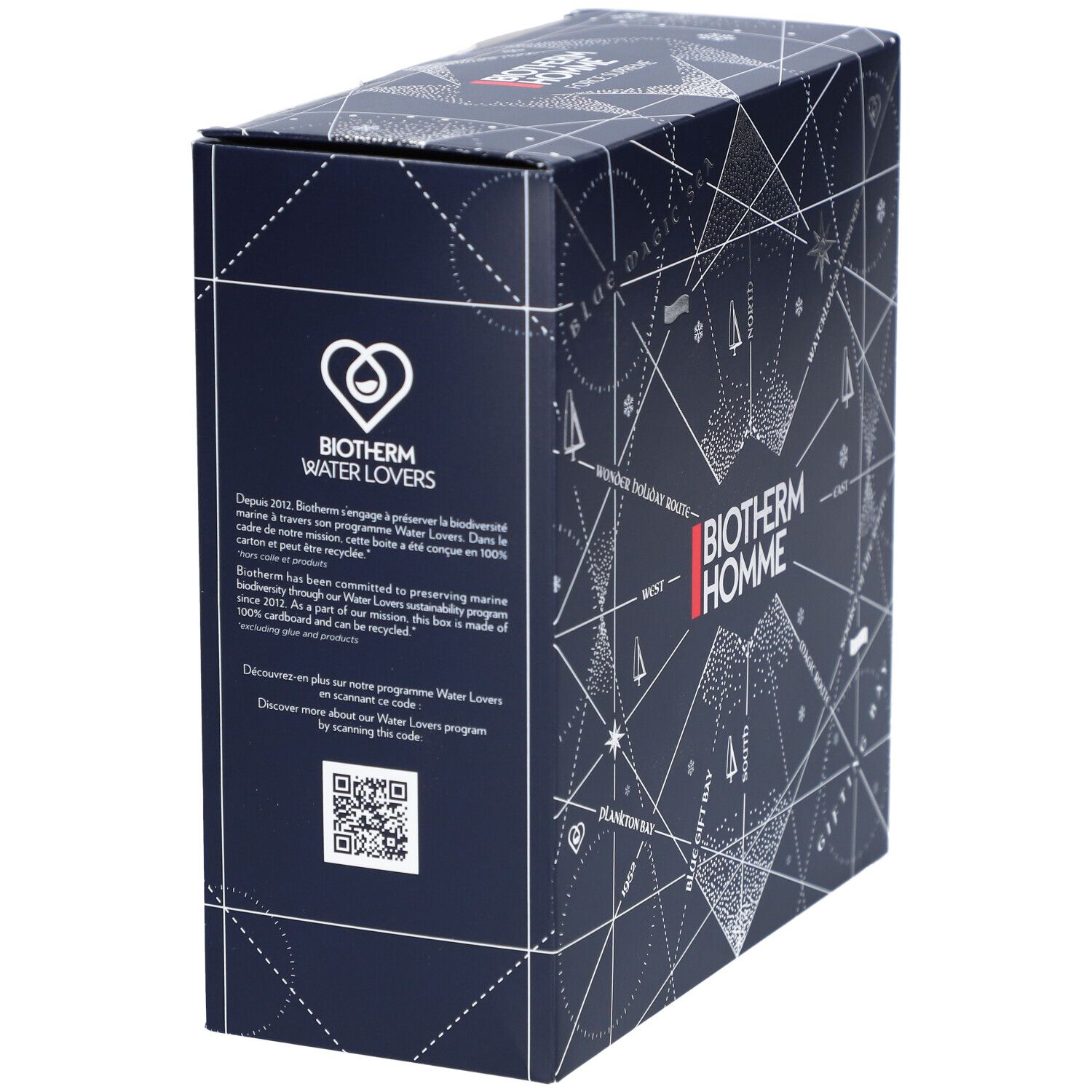 Dunkelblaue Geschenkbox mit Logo Biotherm Water Lovers und QR-Code. Text: Biotherm Water Lovers, Discover more about our Water Lovers program.
