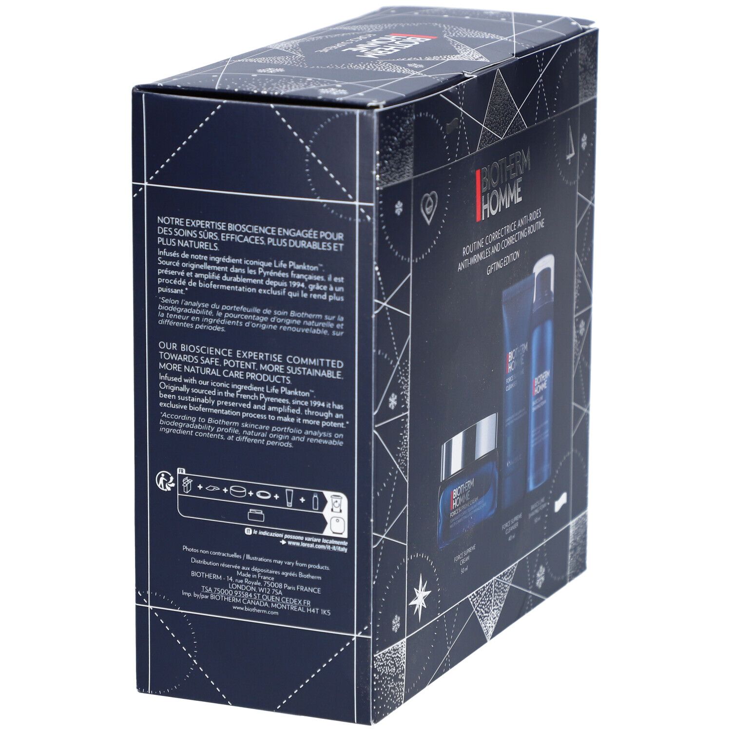 Dunkelblaue Geschenkbox mit Text und Produktabbildungen. Text: Notre expertise bioscience engagée, Routine Correctrice Anti-Âge.