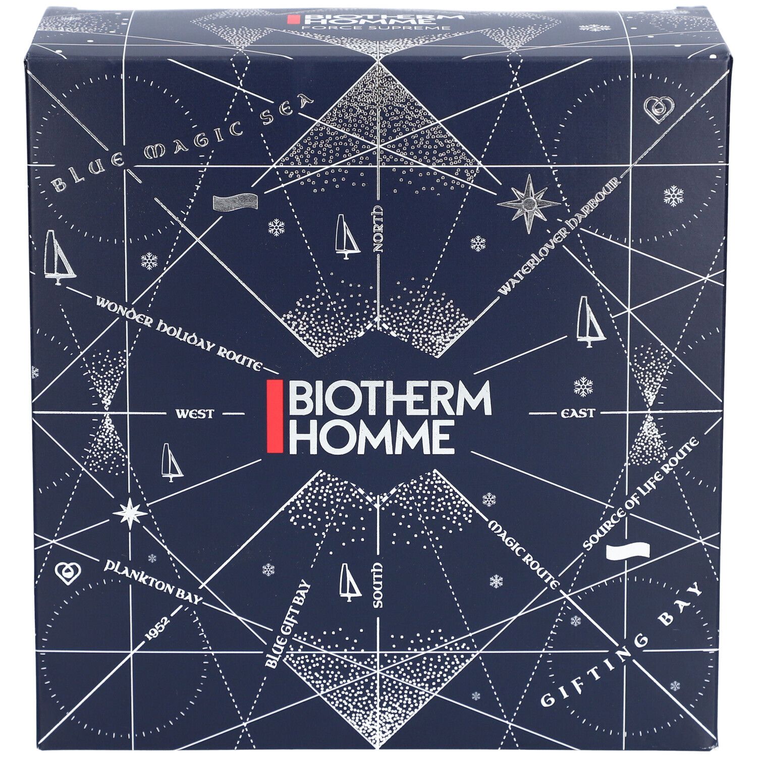 Dunkelblaue Geschenkbox mit weißem geometrischen Muster und dem Logo Biotherm Homme. Text: Blue Magic Sea, Wonder Holiday Route.