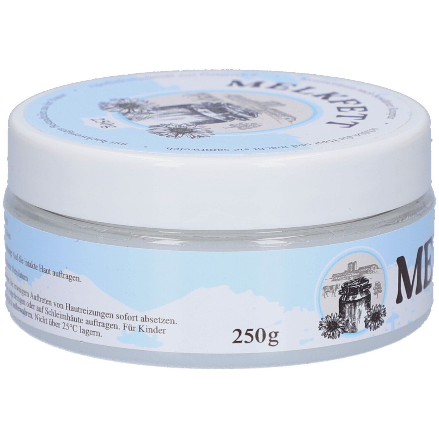 Runde Dose mit weißem Deckel und blauem Etikett. Aufschrift: MELKFETT, 250g. Logo mit Kuh und Haus.