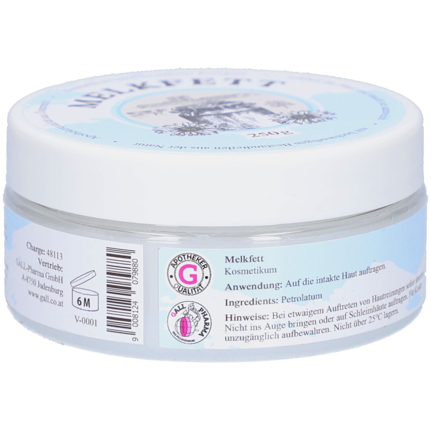 Runde Dose mit weißem Deckel und blauem Etikett. Aufschrift: MELKFETT. Rückseite mit Text und Logo von GALL Pharma.