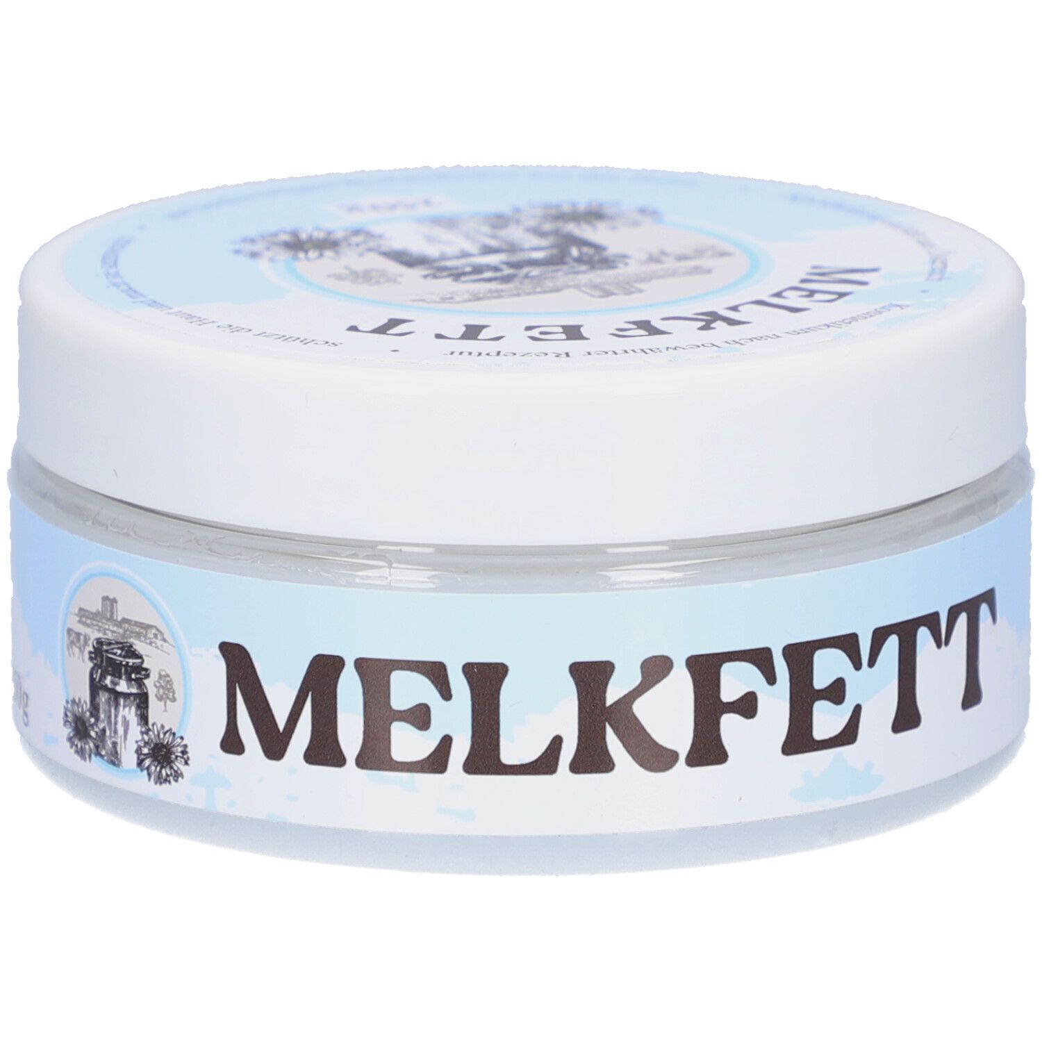 Runde Dose mit weißem Deckel und blauem Etikett. Aufschrift: MELKFETT. Logo mit Kuh und Haus.