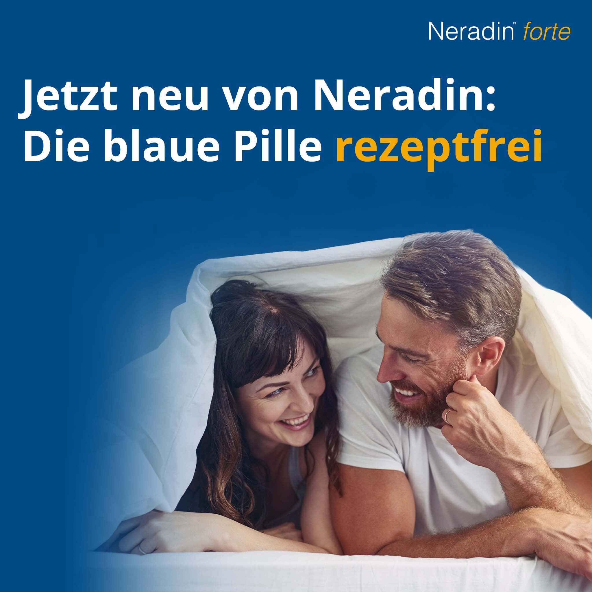 Paar unter einer Decke. Text: Jetzt neu von Neradin: Die blaue Pille rezeptfrei.