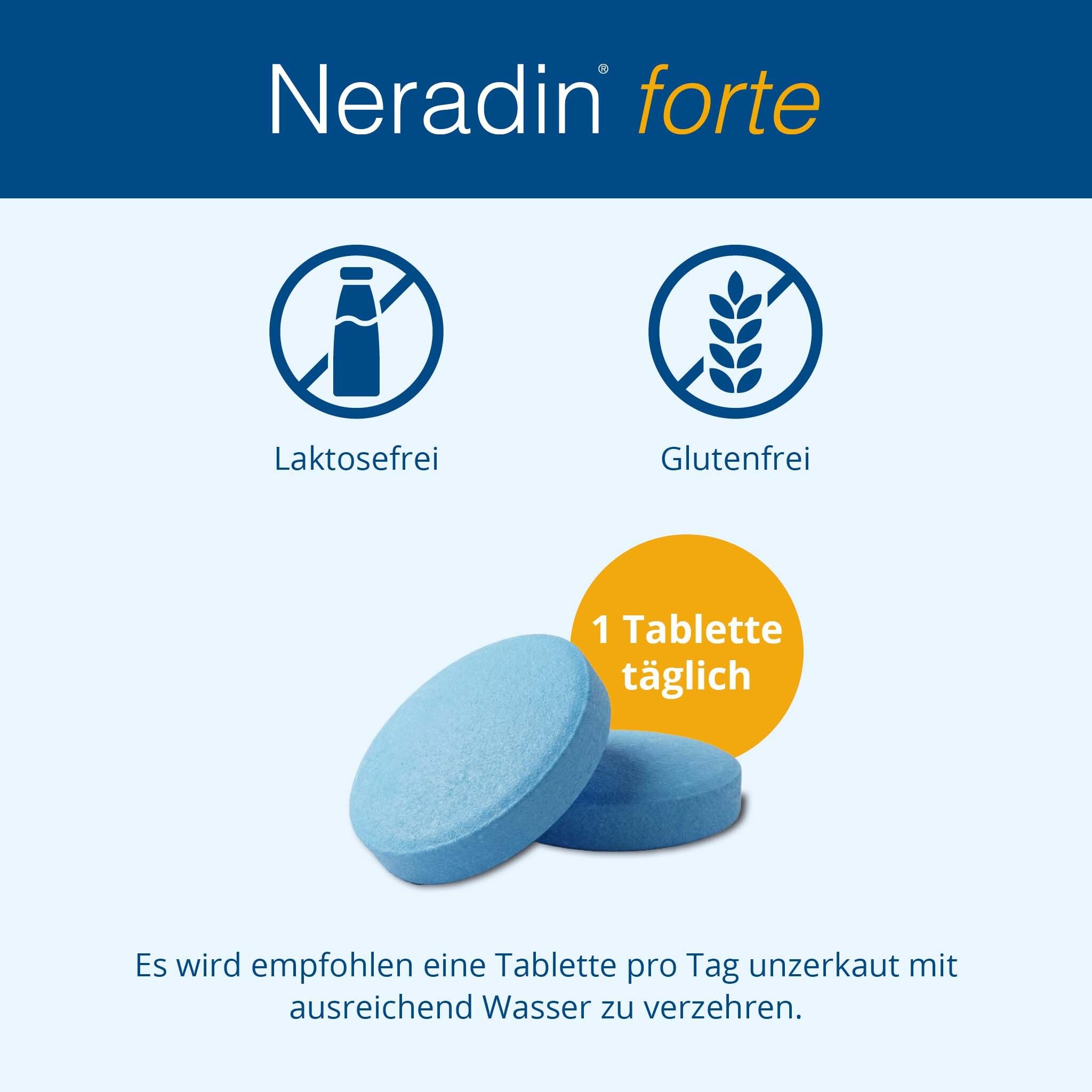 Blaue Tabletten. Text: Laktosefrei, Glutenfrei, 1 Tablette täglich. Empfehlung: Mit Wasser schlucken.