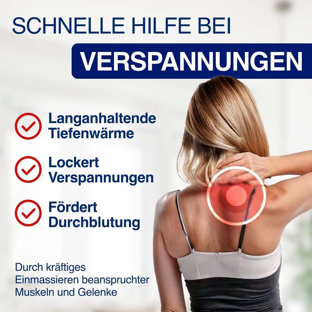 Infografik: Schnelle Hilfe bei Verspannungen. Frau berührt Nacken. Text: Langanhaltende Tiefenwärme, lockert Verspannungen.