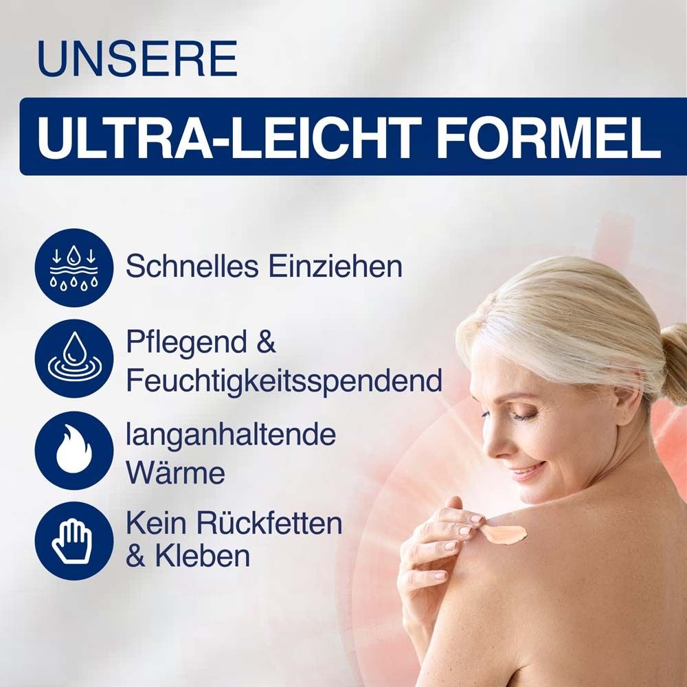 Infografik: Ultra-leichte Formel. Schnelles Einziehen, pflegend, wärmend, kein Rückfetten. Frau trägt Gel auf.