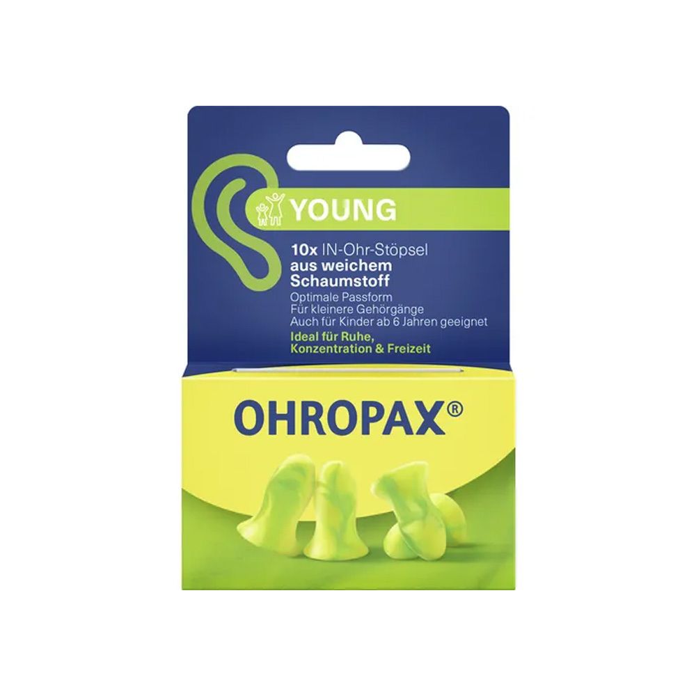 Verpackung mit OHROPAX® Young In-Ohr-Stöpseln. Gelb-grüne Schaumstoff-Ohrstöpsel. Blaue und gelbe Verpackung mit Produktinformationen.