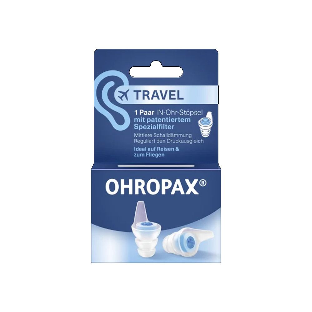 Verpackung mit OHROPAX® Travel Filterstöpsel. Blaue Verpackung mit Produktabbildung und Text. Ohrstöpsel in Weiß und Blau.