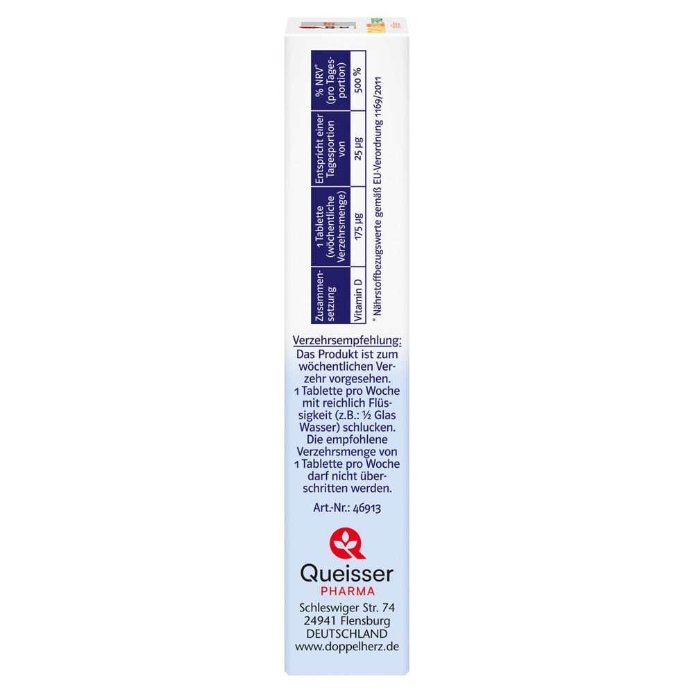 Seite der Schachtel Doppelherz system Vitamin D3 7000 I.E. Pflanzlich. Enthält Informationen zur Dosierung und Herstelleradresse.