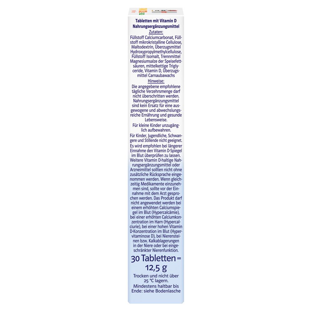 Seite der Schachtel Doppelherz system Vitamin D3 7000 I.E. Pflanzlich. Enthält Informationen zu Inhaltsstoffen und Warnhinweisen.
