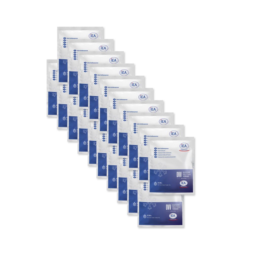 Kühlkompresse auf Stirn. Text: Lindert sofort Schmerzen. Sportverletzung, Kopfschmerzen, Sonnenbrand. IEA Medical.