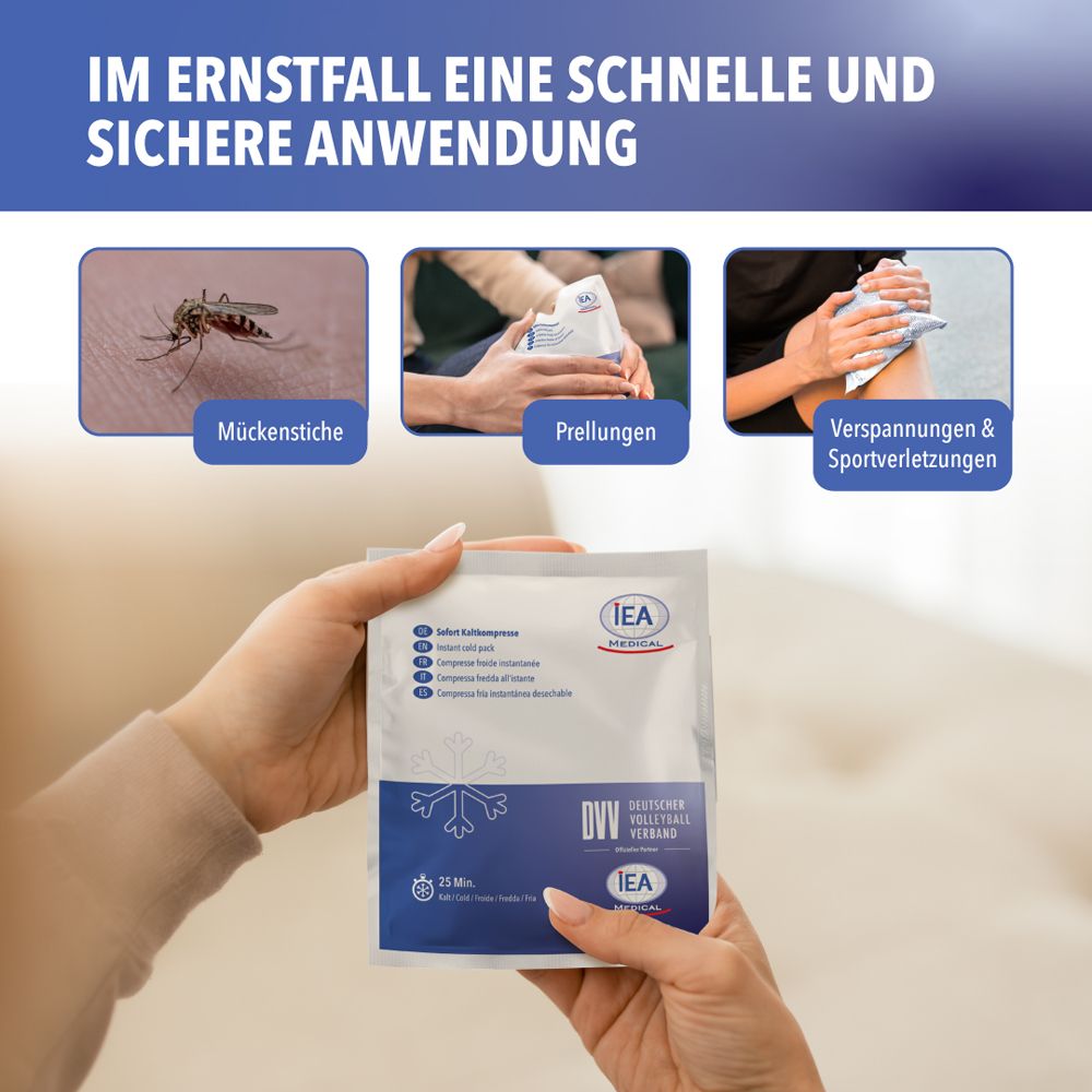 Person hält Kühlpack am Gesicht. Text: Bis zu 25 Minuten Wirkungsdauer. IEA Medical. DVV. Eiswürfel.