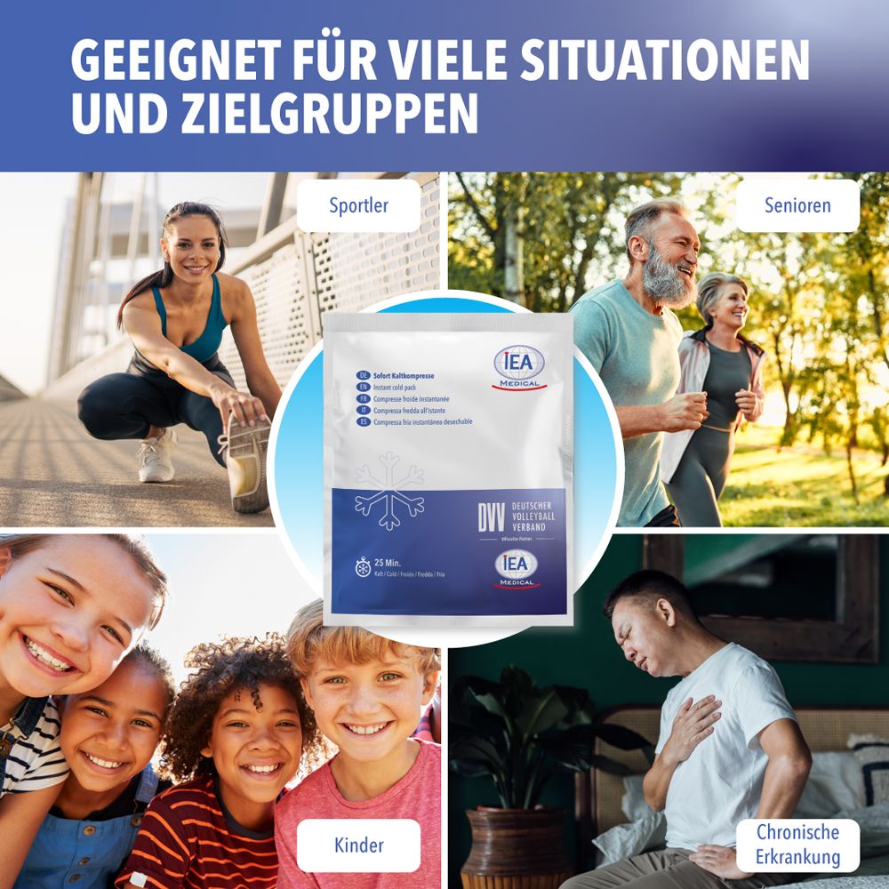 Kühlpack und Erste-Hilfe-Kasten. Text: Darf in deinem Verbandskasten niemals fehlen. IEA Medical. DVV.