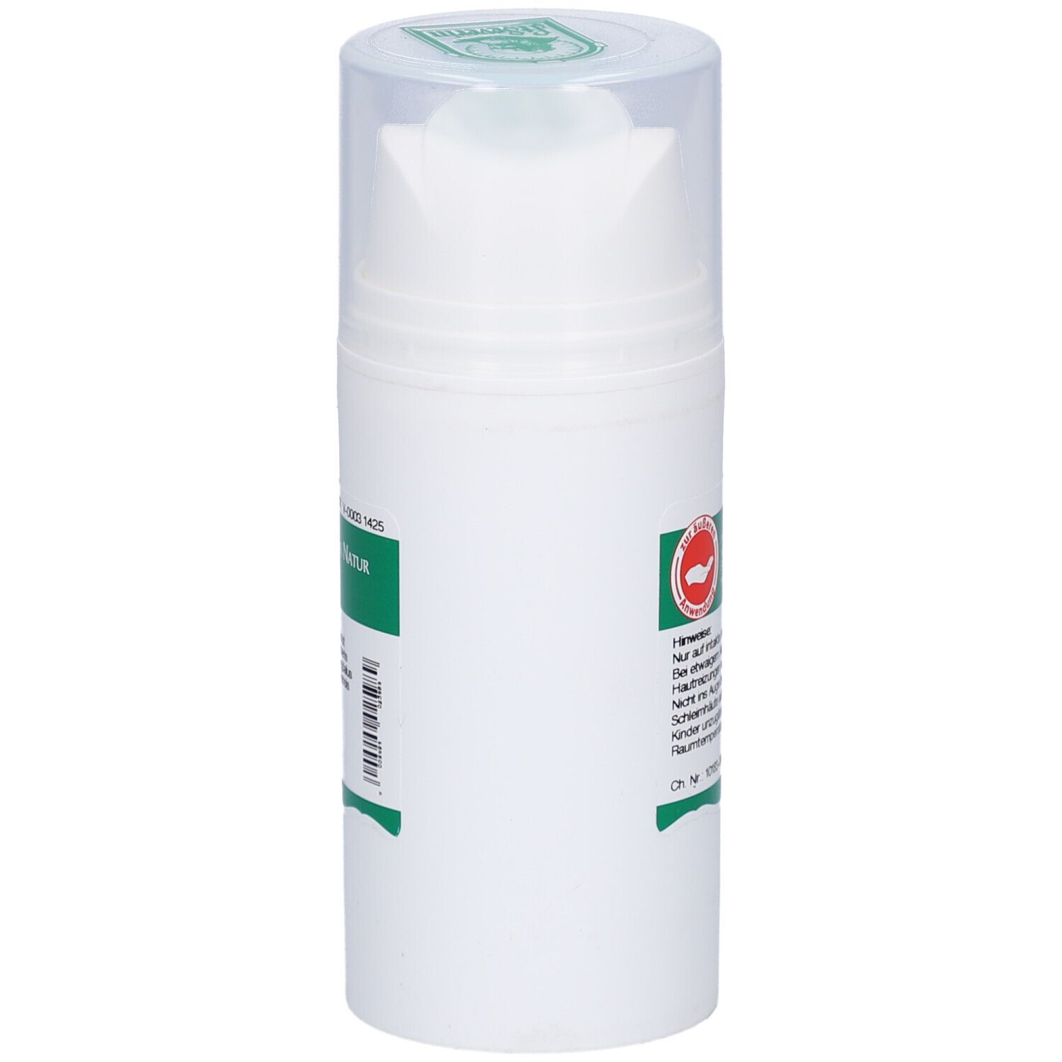 Weiße Flasche mit grünem Etikett. Logo: P. Severin. Klare Kappe. Text: Berberitzen-Wurzelrinden Salbe. Barcode.