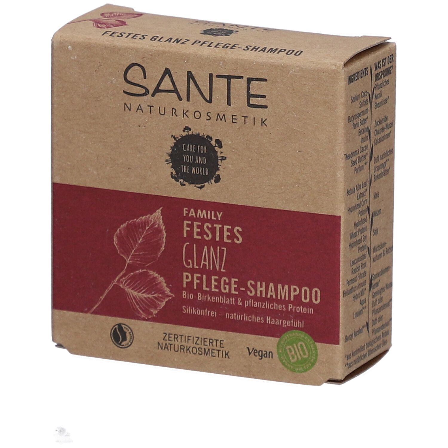 Kartonverpackung mit SANTE-Logo und Produktbezeichnung. Rote Fläche mit Produktinformationen und Bio-Siegel.