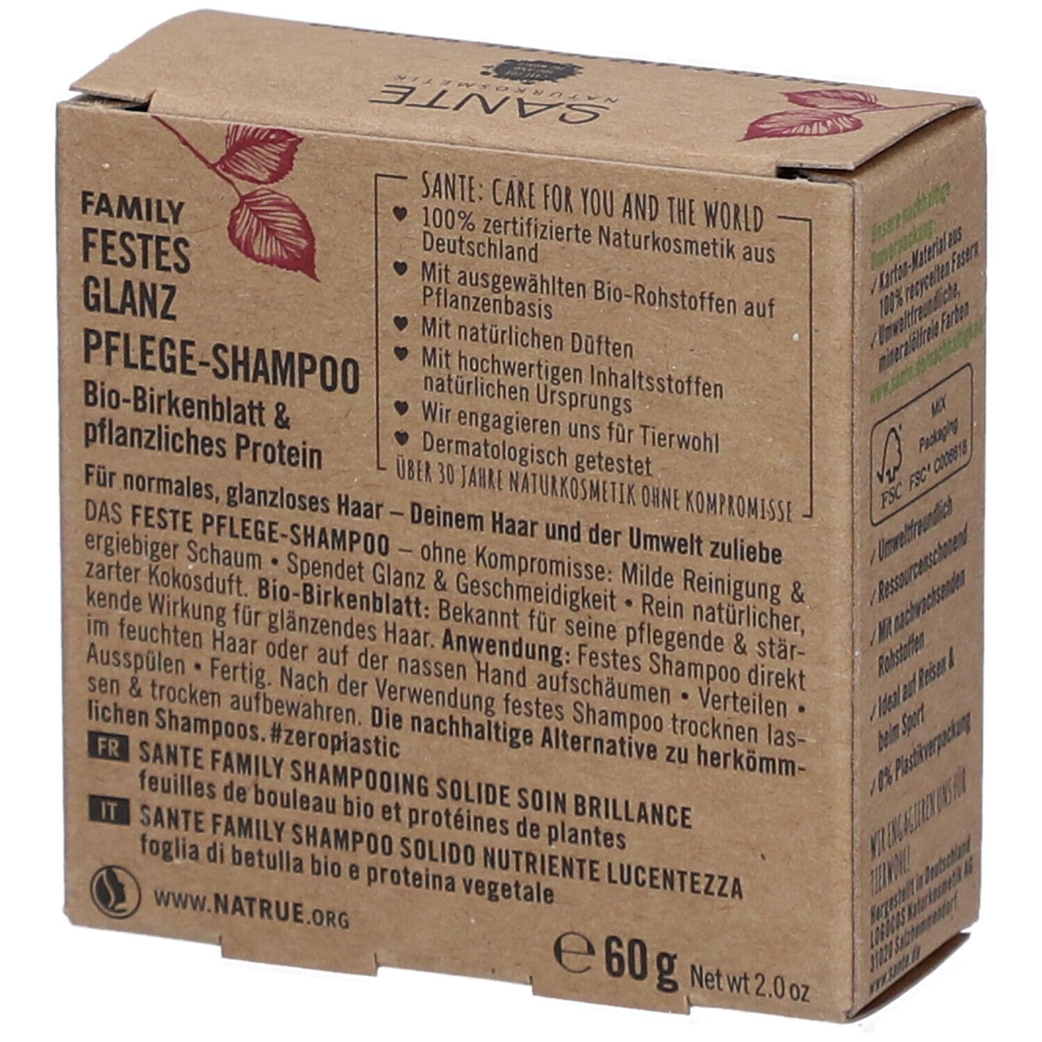 Kartonverpackung mit Produktinformationen. SANTE-Logo, Produktname, Text in Deutsch, Französisch und Italienisch, Gewicht 60g.