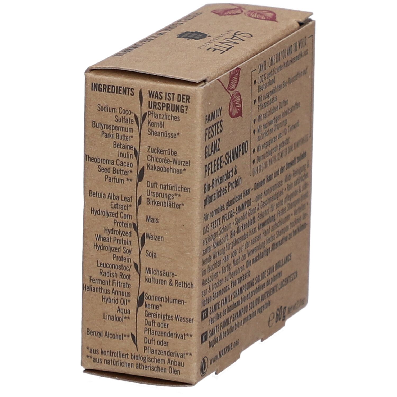 Kartonverpackung mit Inhaltsstoffliste. SANTE-Logo, Produktname, Liste der Inhaltsstoffe und Informationen zur Herkunft.