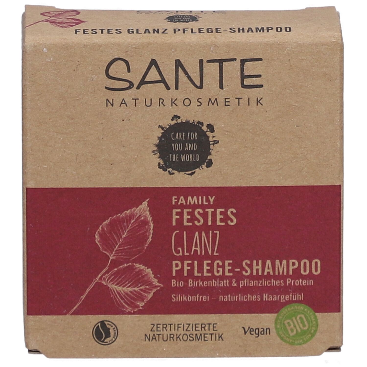 Kartonverpackung mit SANTE-Logo und Produktbezeichnung. Rote Fläche mit Produktinformationen und Bio-Siegel.