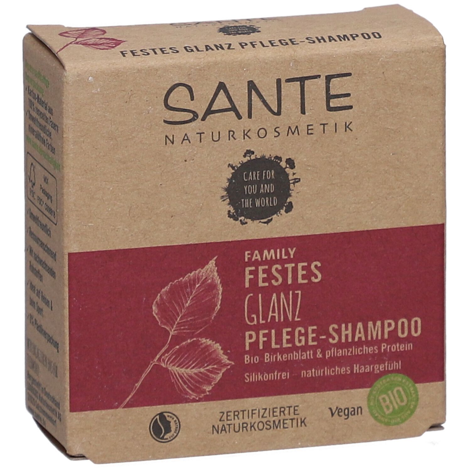 Kartonverpackung mit SANTE-Logo und Produktbezeichnung. Rote Fläche mit Produktinformationen und Bio-Siegel.