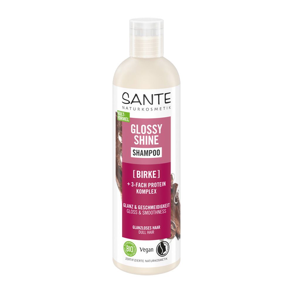 SANTE Glossy Shine Shampoo. Flasche mit weißem Etikett und rosa Akzenten. Enthält Birkenextrakt und Protein. Vegan.