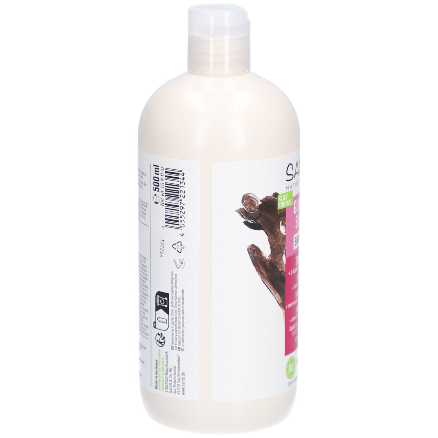 Shampoo-Flasche, Seitenansicht. Etikett mit Produktinformationen und Barcode. Vegan-Siegel.