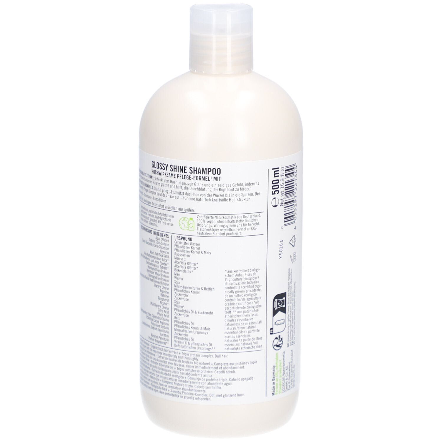 Shampoo-Flasche, Rückansicht. Etikett mit Produktinformationen und Text. Vegan-Siegel.