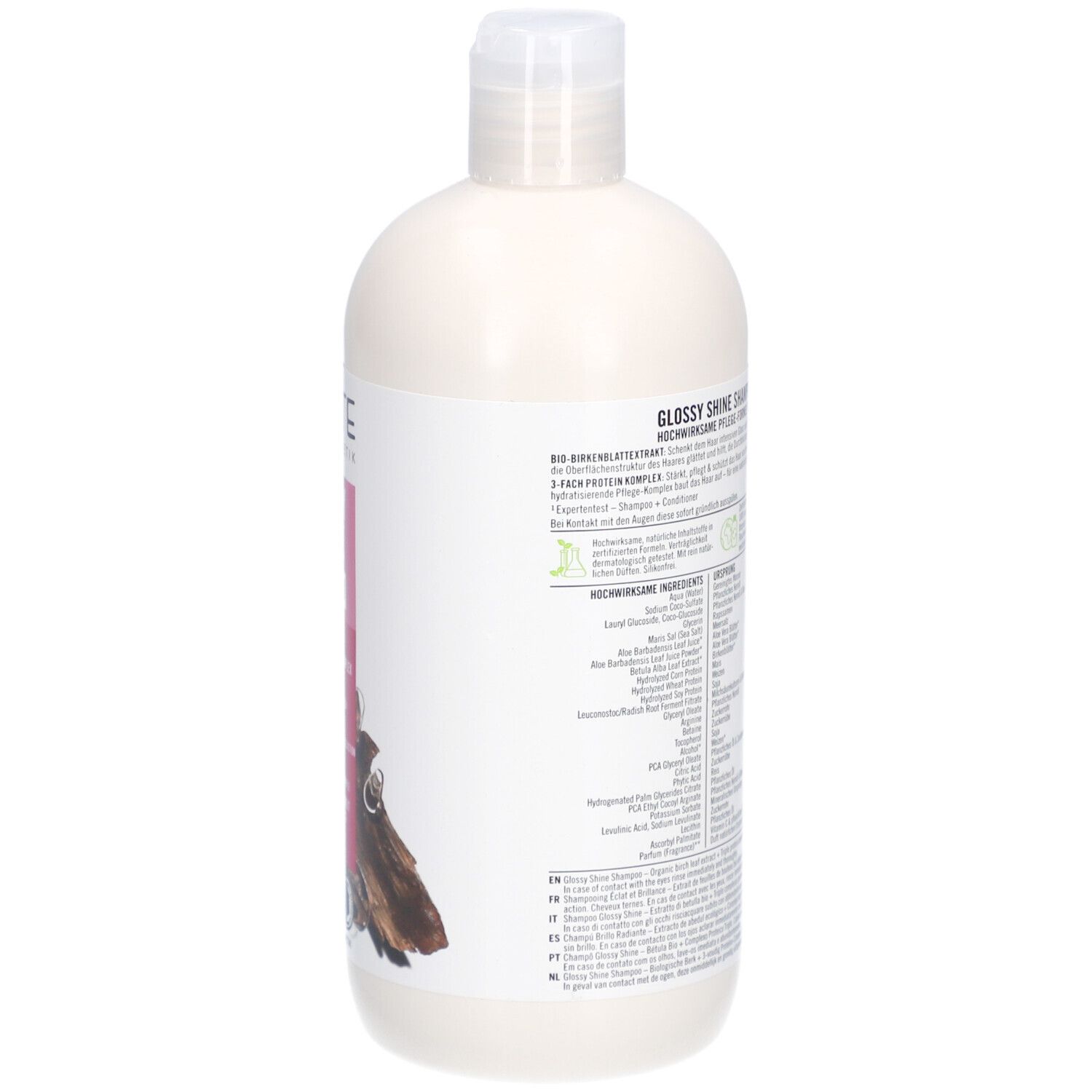 Shampoo-Flasche, Rückansicht. Etikett mit Produktinformationen und Text. Vegan-Siegel.