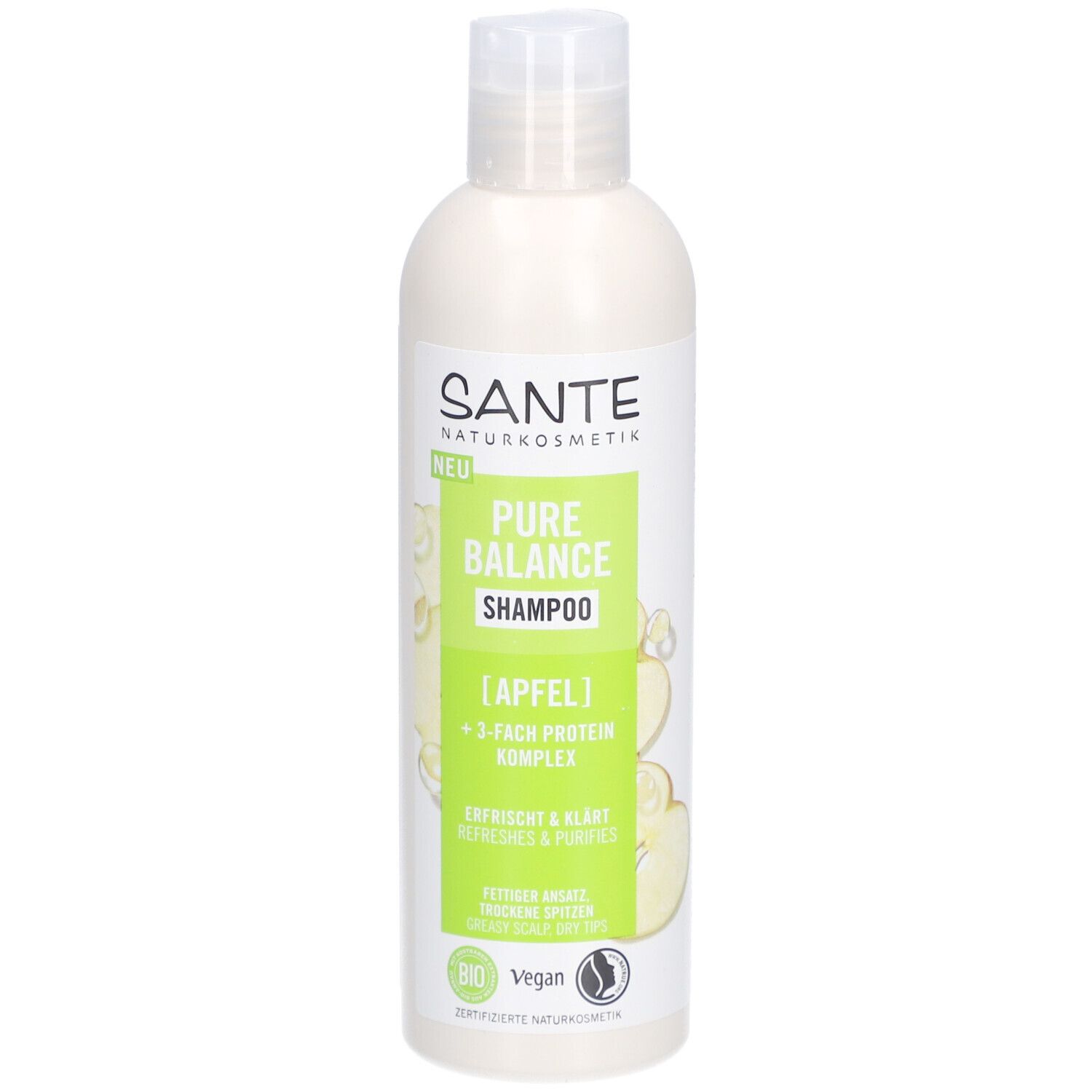 SANTE Pure Balance Shampoo, Apfel, 250ml Flasche. Grün-weißes Etikett mit Produktinformationen und Bio-Siegel.
