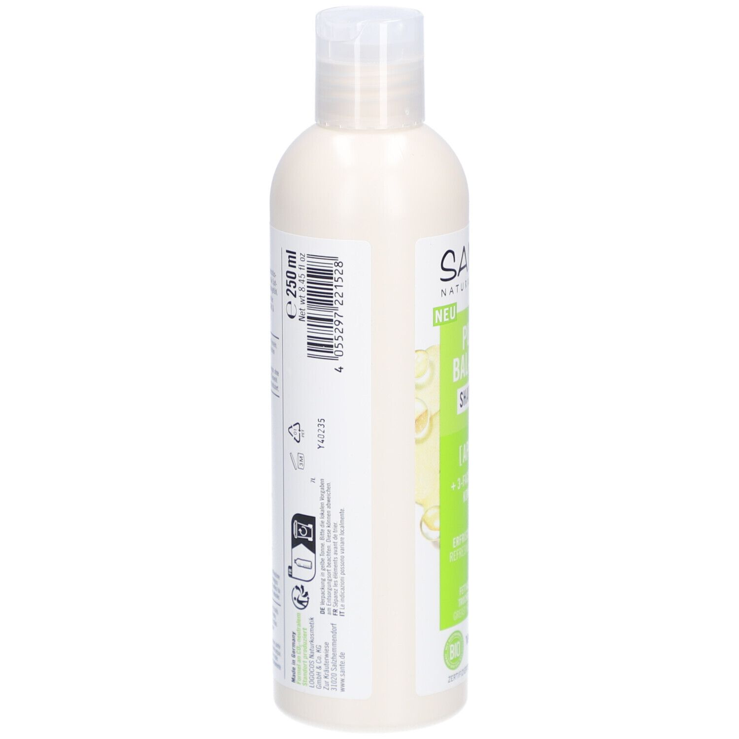 Rückseite der SANTE Pure Balance Shampoo Flasche. Enthält Informationen, Barcode, Inhaltsstoffe und Recycling-Symbol.
