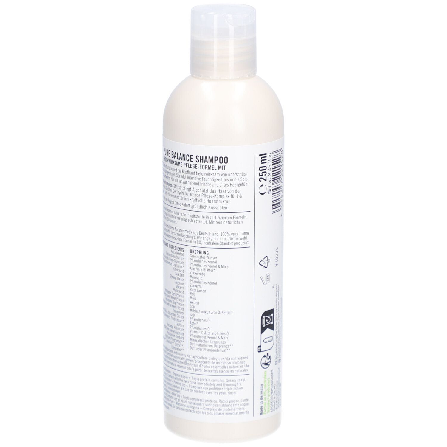 Rückseite der SANTE Pure Balance Shampoo Flasche. Enthält Produktinformationen, Inhaltsstoffe und Recycling-Symbol.