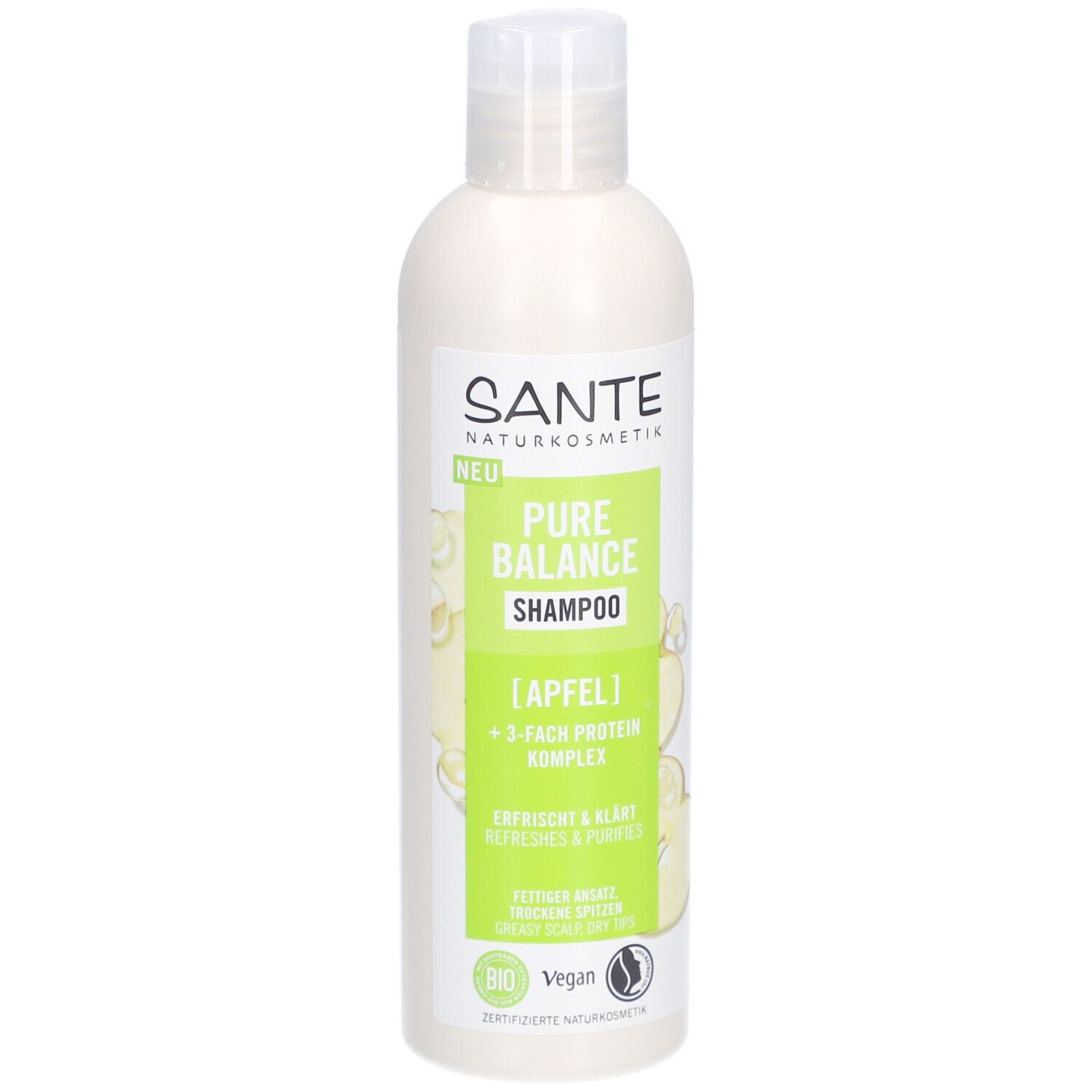 SANTE Pure Balance Shampoo, Apfel, 250ml Flasche. Grün-weißes Etikett mit Produktinformationen und Bio-Siegel.