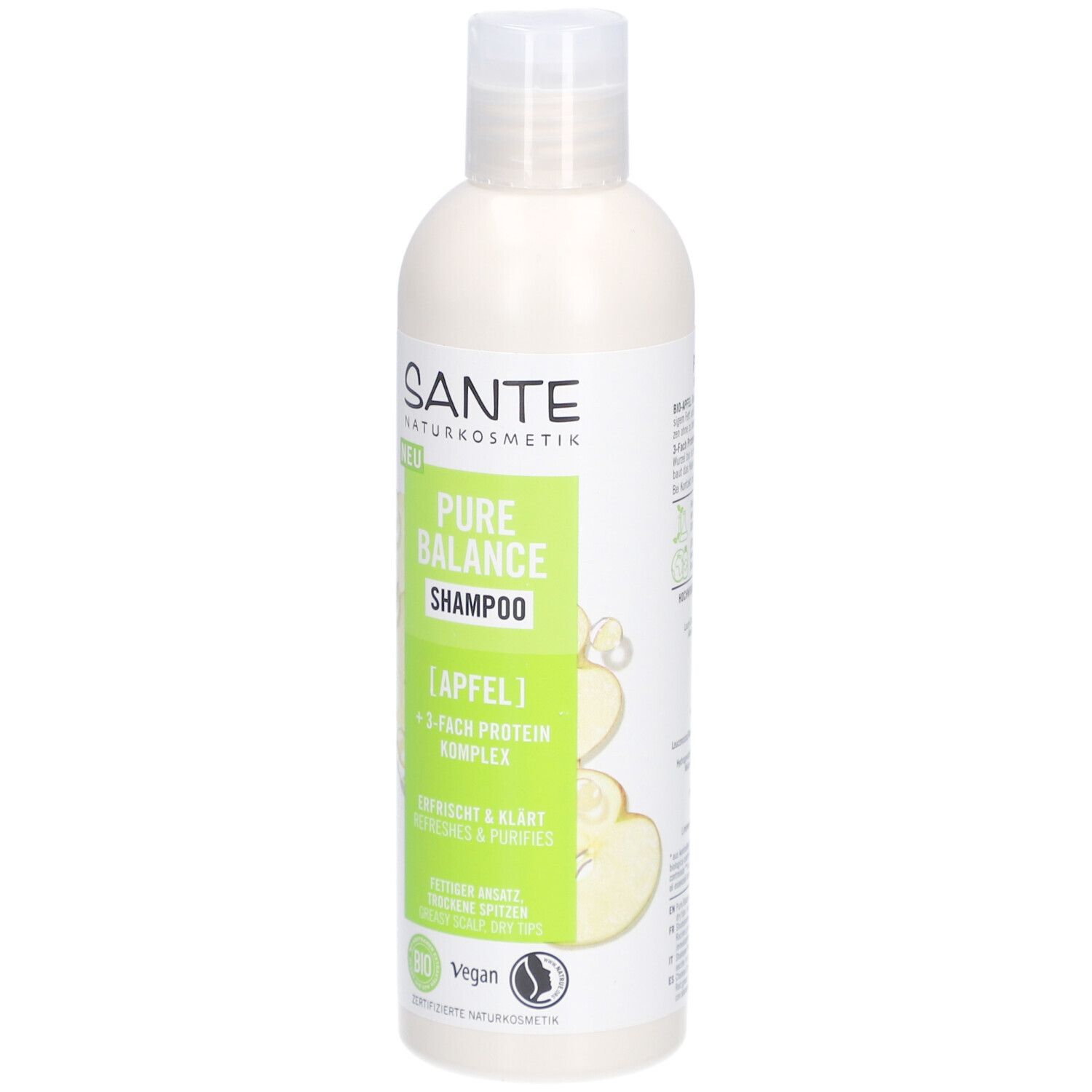 SANTE Pure Balance Shampoo, Apfel, 250ml Flasche. Grün-weißes Etikett mit Produktinformationen und Bio-Siegel.