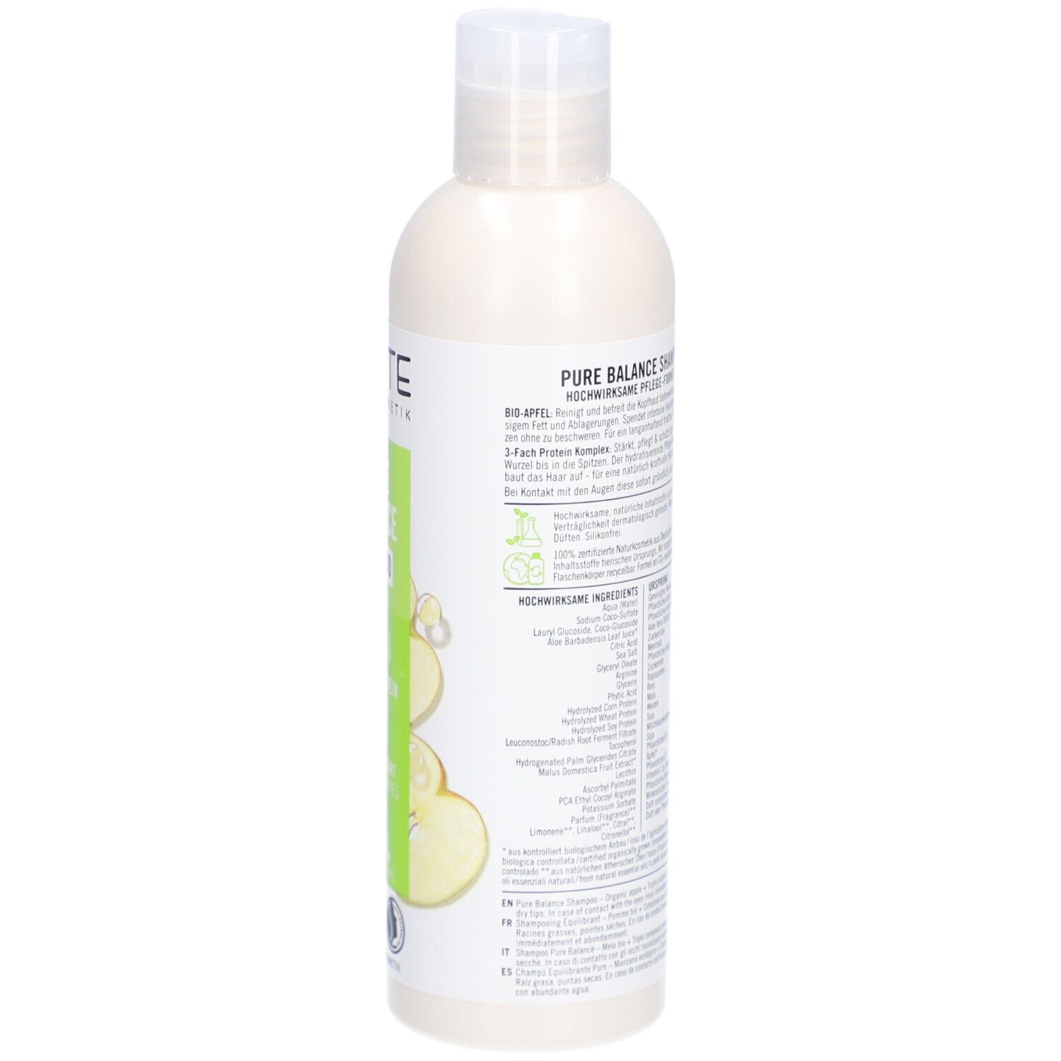 Rückseite der SANTE Pure Balance Shampoo Flasche. Enthält Produktinformationen, Inhaltsstoffe und Recycling-Symbol.