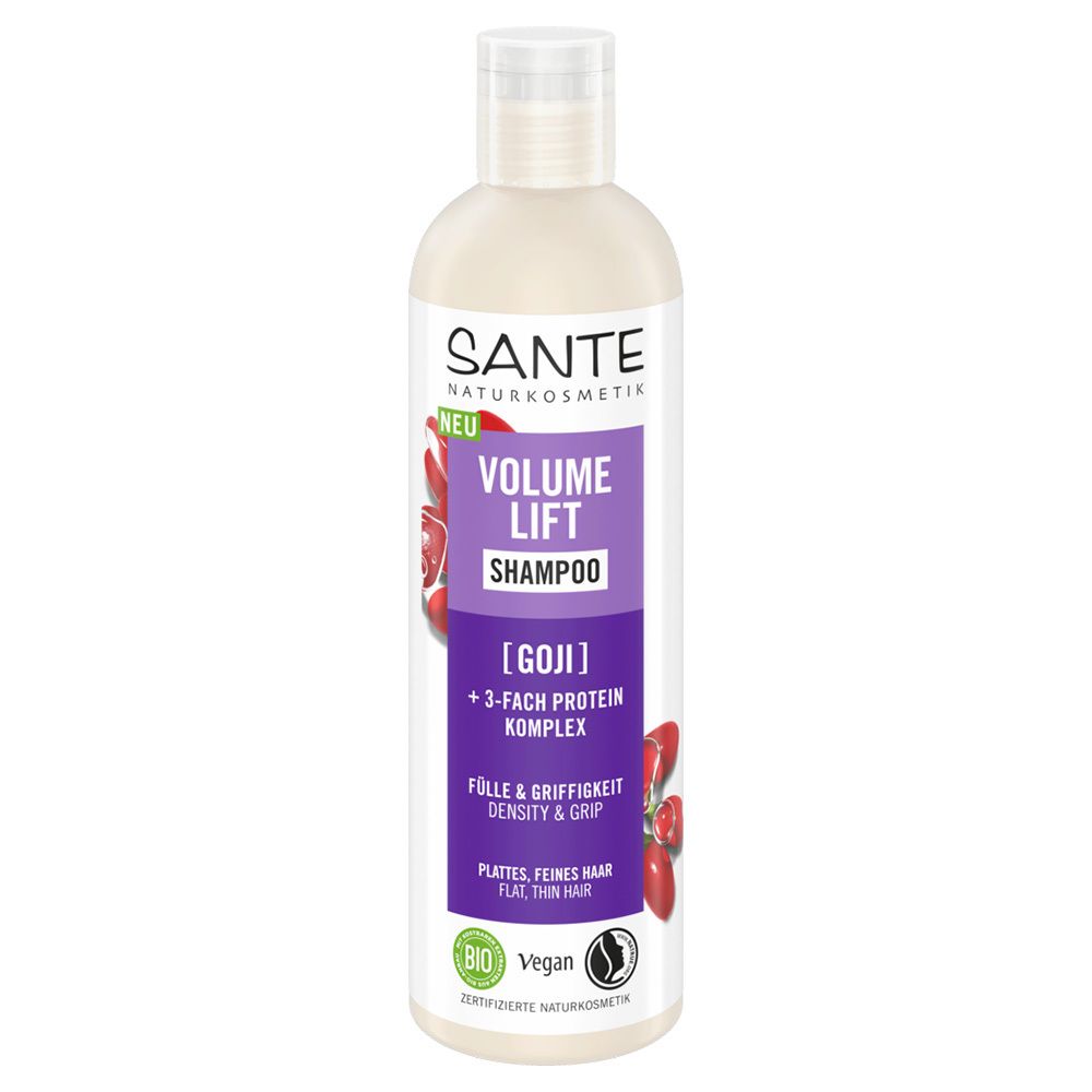 SANTE Volume Lift Shampoo, weiße Flasche mit lila Etikett. Goji-Beeren-Illustration. Vegan, Bio-Siegel.